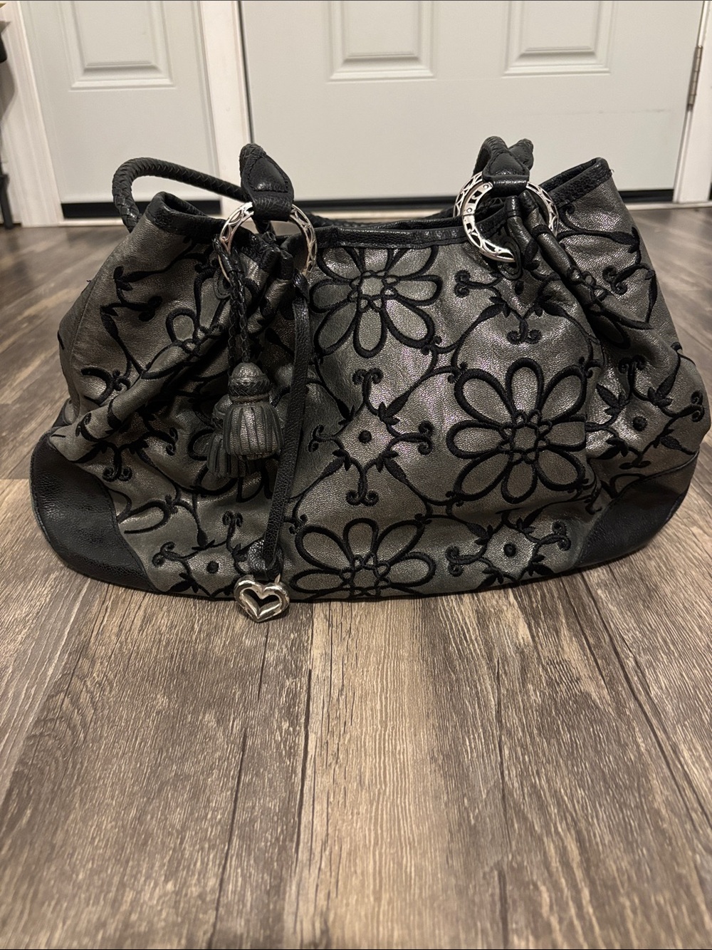 Brighton Black and Gray Floral Embroidered Satchel